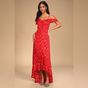 Lulus Darling for the Day Red Floral Off-the-Shoulder Maxi Dress Size Medium
